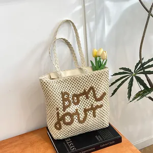 Women French Casual Straw Woven Tote Bag Hollow Large Capacity Beach Shoulder Handbag Bonjour Embroidery Summer Vacation