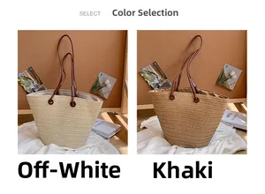 Comparaison de sacs cabas en paille tressée en blanc cassé et kaki avec anses en cuir
