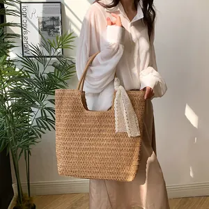 Handmade straw tote bag with lace ribbon, vintage large capacity summer beach handbag