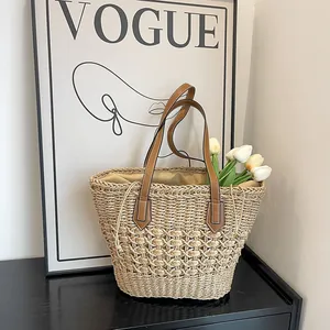 Women's Handmade Woven Straw Tote Bag Large Capacity Hollow Out Shoulder Bag With Synthetic Leather Straps For Summer Beach Vacation