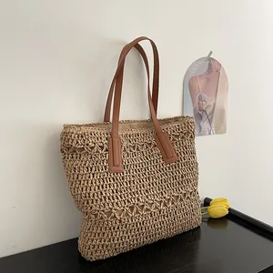 Women Summer Straw Woven Tote Bag Large Capacity Beach Vacation Shoulder Bag With PU Leather Handle Hollow Out Handbag