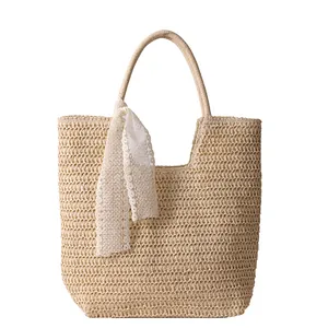 Handmade straw tote bag with ribbon decoration and large capacity for summer beach