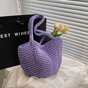 Sac Cabas en Paille Tissée Main pour Femmes Grande Capacité Ajouré Sac à Épaule de Plage Sac à Main Décontracté pour Vacances