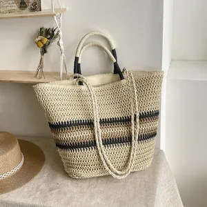 Grand Sac Fourre-tout en Paille Tissée pour Femmes Sac à Main de Plage à Rayures à la Mode avec Doubles Poignées