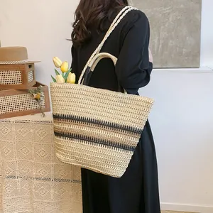 Grand sac cabas en paille tissé à la main avec rayures pour la plage et les vacances