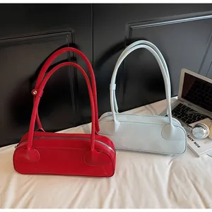 Sacs portés épaule baguette minimalistes rouge et bleu clair en similicuir avec zip argenté