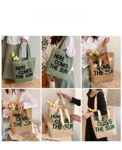 Collage of woven beach tote bags in green, beige and khaki with sun slogan text