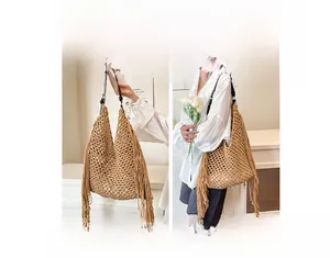 Detail of hand-woven tote bag showing dual carrying options as handbag and shoulder bag