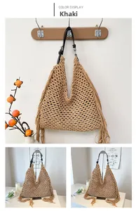 Detail of khaki woven tassel tote bag featuring hollow mesh pattern and PU shoulder strap