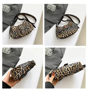 Multi-angle details of leopard print crossbody bag with silver buckle and leather strap