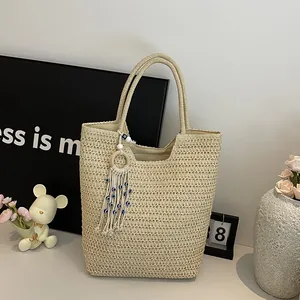 Women Large Capacity Straw Woven Tote Bag Bohemian Beach Holiday Handbag With Evil Eye Tassel Shopping Shoulder Bag