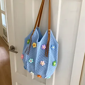 Handmade Crochet Floral Tote Bag Large Capacity Hollow Knit Shoulder Bag For Women Summer Beach Casual Handbag