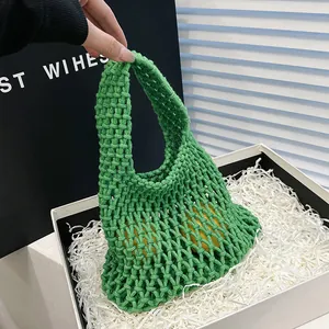 Women Handmade Cotton Rope Woven Hollow Mesh Tote Bag Summer Casual Beach Candy Color Handbag