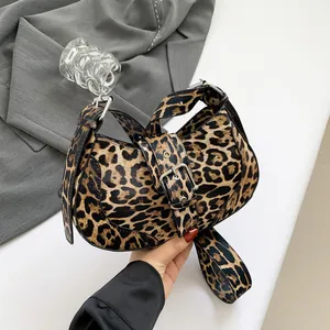 Women Vintage Leopard Print Shoulder Bag Textured PU Leather Hobo Underarm Bag Minimalist Metal Buckle Crossbody Bag