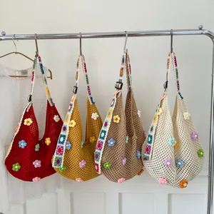Bohemian floral crochet shoulder bags in red yellow tan and beige for summer beaches