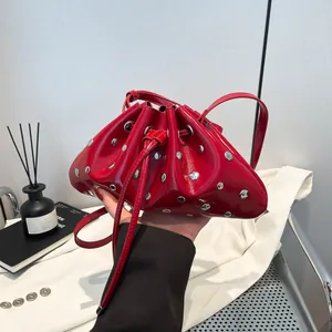 Women Rivet PU Leather Bucket Bag Metallic Eyelet Drawstring Shoulder Handbag Punk Style Crossbody Bag For Daily Party Use