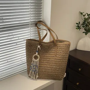 Große Kapazität Stroh Gewebt Tragetasche Für Damen Mode Bohemian Sommer Strand Umhängetasche Mit Böser Blick Quaste Anhänger