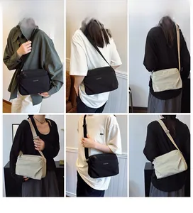 Detailed views of nylon crossbody bags in black and beige shown on a model