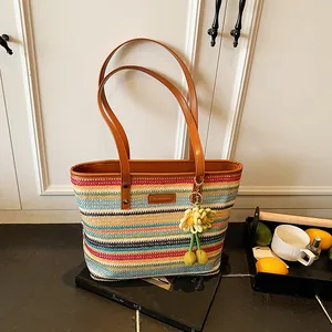 Women Fashion Rainbow Striped Woven Tote Bag Large Capacity Beach Straw Style Shoulder Bag With Leather Straps Floral Charm