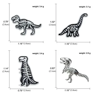 Detailed specs of dinosaur skeleton enamel pins with specific weight and dimensions