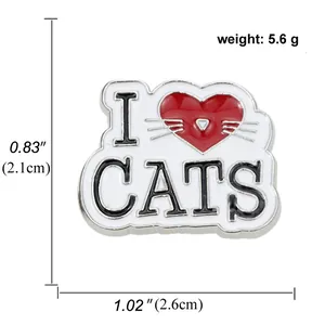 Close-up of I Love Cats enamel pin with a red heart showing detailed metal edges