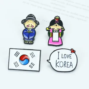 Cartoon Korea Emaille-Anstecknadel-Set mit Hanbok-Figuren und I Love Korea Abzeichen