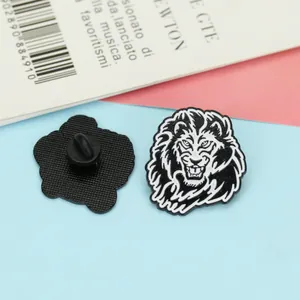 Geometric enamel brooch featuring a lion head design with secure rubber pin back