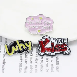 Cute cartoon enamel pin set with Think for Yourself and Kiss Me text on white plate