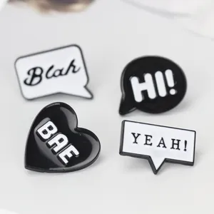 Set of 4 minimalist black and white zinc alloy enamel pins with comic bubble text