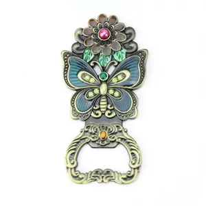 Vintage zinc alloy beer bottle opener with butterfly floral design and bronze finish