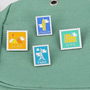World Travel Landmarks Postage Stamp Enamel Pin Alloy Vintage Eiffel Tower Big Ben Pyramid Colosseum Brooch Jewelry Gift