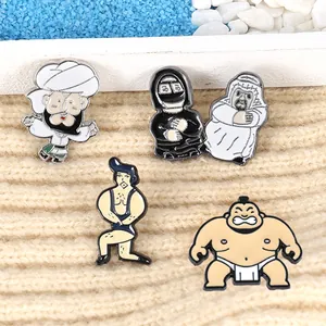 Creative alloy enamel pins featuring sumo, bodybuilder, and Middle Eastern characters
