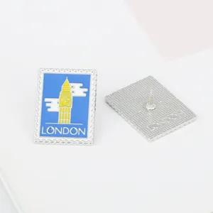 Detail of London Big Ben stamp pin showing front enamel design and back metal pin clutch