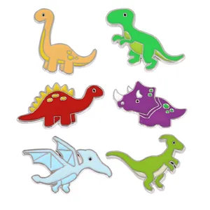 Set of 6 colorful dinosaur enamel pins in various cartoon styles for clothing and bags
