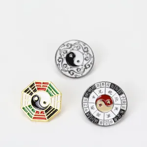Detailansicht der Emaille-Anstecknadeln mit Bagua, Tai Chi und Sternzeichen-Kompass