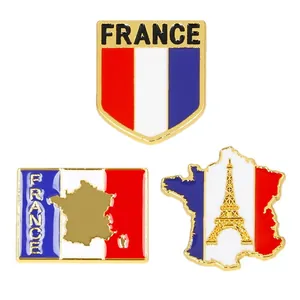 Three-piece set of France Eiffel Tower and national flag enamel lapel pins in gold finish