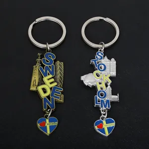 Schweden Stockholm Souvenir Metall Schlüsselanhänger Zinklegierung Herzform Schweden Flagge Anhänger 3D Buchstabe Gebäude Reise Gedenk Geschenk