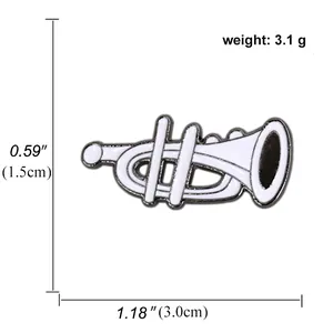 White trumpet enamel pin with dimensions and weight specs for musical lapel jewelry