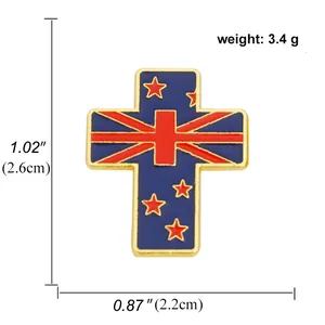 Broche croix dorée avec drapeau de la Nouvelle-Zélande en émail et dimensions