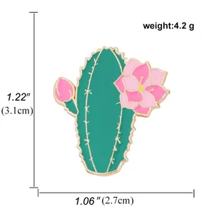 Detail view of a green cactus enamel brooch with pink flowers and size dimensions