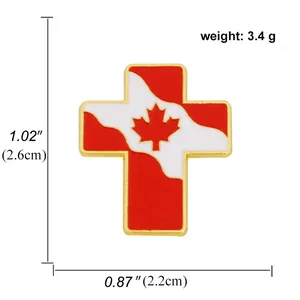 Dimensions et poids détaillés du pin's croix drapeau canadien avec bordure dorée
