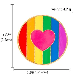 Detail of round rainbow enamel pin with pink heart, size 1.06 inch and 4.7g weight