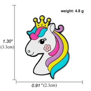 Detailed view of colorful unicorn enamel pin showing size dimensions and weight specifications