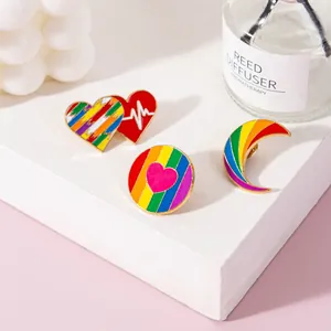 Rainbow enamel pin set with heart and crescent moon shapes for Pride jewelry accessories
