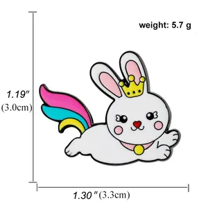 Detailed size and weight view of a cute rainbow rabbit enamel badge showing dimensions