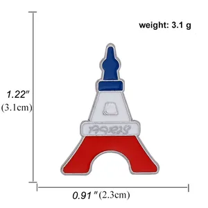 Eiffel Tower enamel pin in blue, white, and red with Paris lettering and size details
