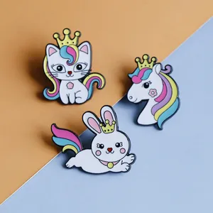 Set of 3 rainbow animal enamel pins with cat unicorn and rabbit wearing crowns