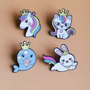 Cute enamel animal pins set featuring rainbow unicorns and cats with golden crowns