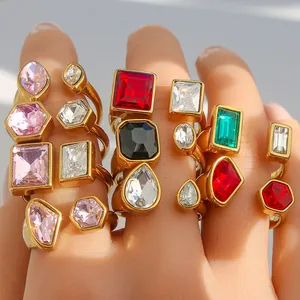 Retro gold plated ring set with colorful multi-shaped crystal gemstones on hand