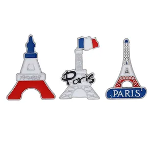 Set of three Paris Eiffel Tower enamel pins with French flag colors in zinc alloy